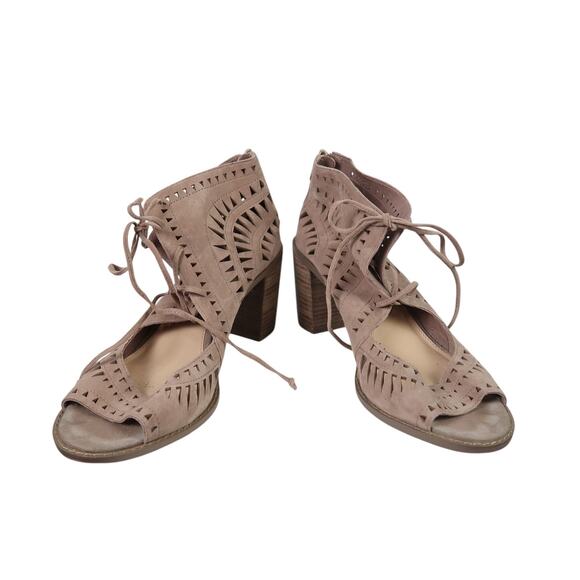 Vince Camuto Tarita Taupe Suede Leather Cut-Out Open Toe Booties 9 - Picture 3 of 6